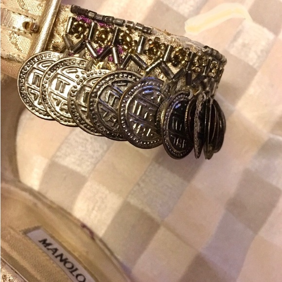 MANOLO BLAHNIK® Gold Coin Beaded Damask Sandal 36 - Picture 8 of 10